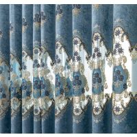 Ženilkový záves so zavesením pencil pleat - Modrý so vzorom, 100 x 250 cm