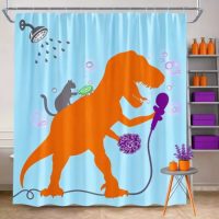 Sprchový záves so zavesením grommet top + háčiky - Modrý s oranžovým dinosaurom, 300 x 180 cm