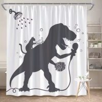 Sprchový záves so zavesením grommet top + háčiky - Biely s čiernym dinosaurom, 120 x 180 cm