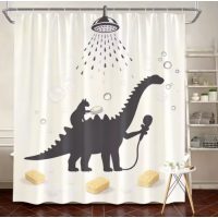 Sprchový záves so zavesením grommet top + háčiky - Béžový s mačkou a dinosaurom, 90 x 180 cm