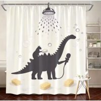 Sprchový záves so zavesením grommet top + háčiky - Béžový s mačkou a dinosaurom, 300 x 180 cm
