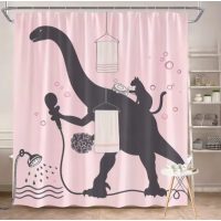 Sprchový záves so zavesením grommet top + háčiky - Ružový s dinosaurom, 90 x 180 cm