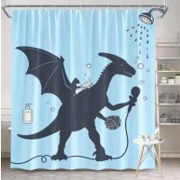 Sprchový záves s uchytením grommet top + háčiky – Svetlo modrý s dinosaurom, 90 x 180 cm