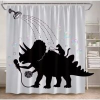 Sprchový záves so zavesením grommet top + háčiky - Biely s mačkou a dinosaurom, 90 x 180 cm