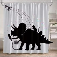 Sprchový záves so zavesením grommet top + háčiky - Biely s mačkou a dinosaurom, 200 x 180 cm