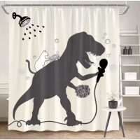 Sprchový záves so zavesením grommet top + háčiky - Béžový s bielou mačkou a dinosaurom, 90 x 180 cm