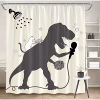 Sprchový záves so zavesením grommet top + háčiky - Béžový s bielou mačkou a dinosaurom, 240 x 180 cm